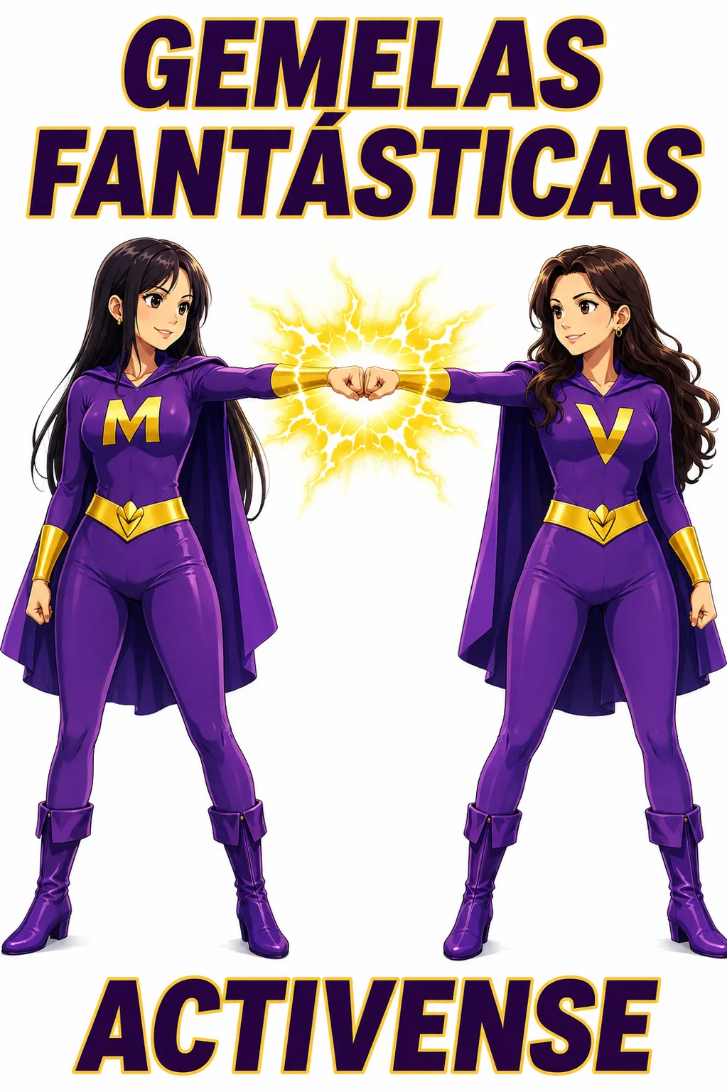 Milena and her twin Valentina as purple-suited superheroes, fist-bumping under the words Gemelas Fantásticas